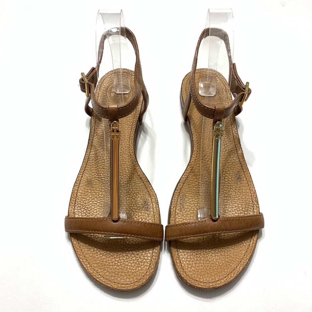 Women's Tan Leather T-Strap Sandals, Size 8 - Picture 5 of 15